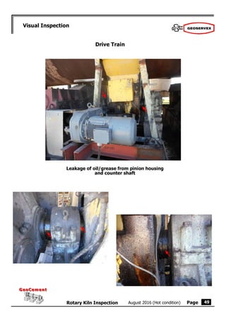 Page
August 2016 (Hot condition)
Rotary Kiln Inspection
GeoCement
GeoCement
Visual Inspection
49
Drive Train
Leakage of oil/grease from pinion housing
and counter shaft
 
