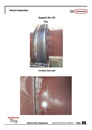 Page
August 2016 (Hot condition)
Rotary Kiln Inspection
GeoCement
GeoCement
51
Visual Inspection
Support No. III
Tire
Cracked chair pad
 