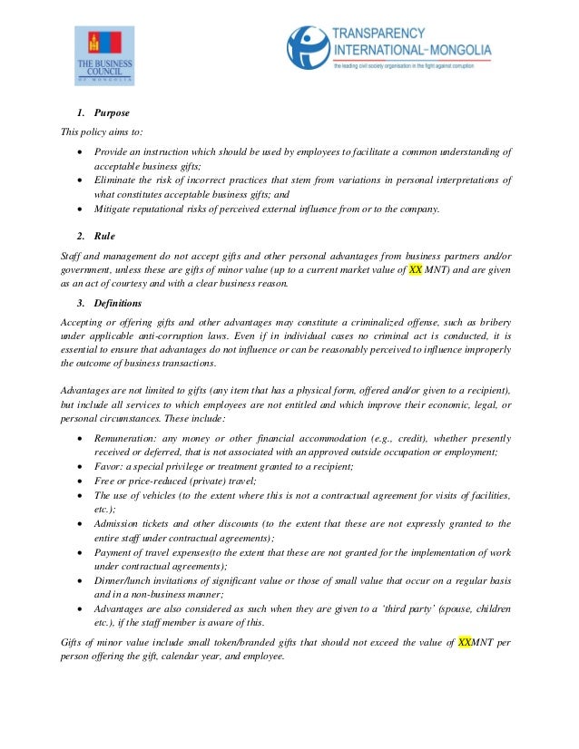Exemplary Gifts and Hospitality Policy