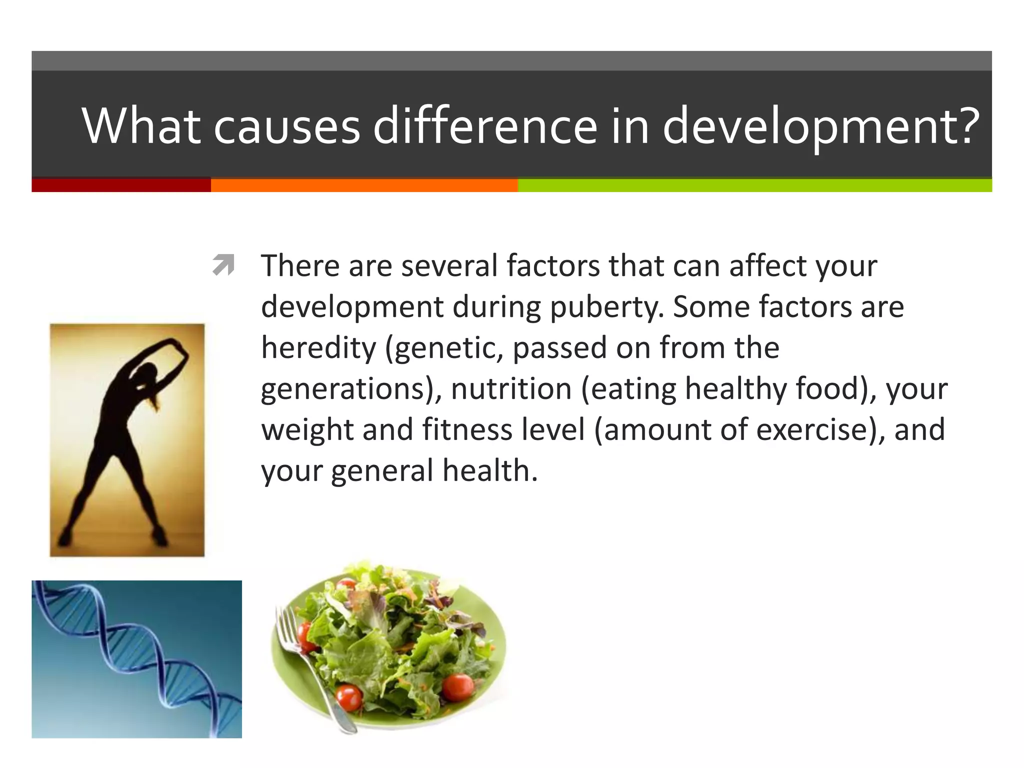 What causes difference in development?
There are several factors that can affect your
development during puberty. Some factors are
heredity (genetic, passed on from the
generations), nutrition (eating healthy food), your
weight and fitness level (amount of exercise), and
your general health.