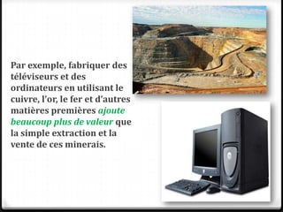 Par exemple, fabriquer des
téléviseurs et des
ordinateurs en utilisant le
cuivre, l’or, le fer et d’autres
matières premières ajoute
beaucoup plus de valeur que
la simple extraction et la
vente de ces minerais.
 