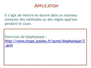 Exercices de biophysique :
http://www.chups.jussieu.fr/qcms/biophysique/2
.qcm
APPLICATION
Il s’agit de mettre en œuvre dans un nouveau
contexte des méthodes ou des règles apprises
pendant le cours
 