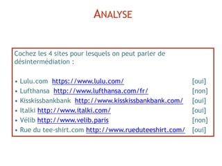 Cochez les 4 sites pour lesquels on peut parler de
désintermédiation :
• Lulu.com https://www.lulu.com/ [oui]
• Lufthansa http://www.lufthansa.com/fr/ [non]
• Kisskissbankbank http://www.kisskissbankbank.com/ [oui]
• Italki http://www.italki.com/ [oui]
• Vélib http://www.velib.paris [non]
• Rue du tee-shirt.com http://www.rueduteeshirt.com/ [oui]
ANALYSE
 