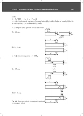 unde:
k = fyb / 228 [cu fyb în N/mm
2
]
ss – este lungimea de rezemare. În cazul a douã forþe distribuite pe lungimi diferite
se va considera cea mai micã dintre ele.
a) O singurã forþã aplicatã sau o reacþiune
I) c ≤ 1.5hw
II) c > 1.5hw
b) Forþe de sens opus cu e < 1.5hw
I) c ≤ 1.5hw
II) c > 1.5hw
Fig. 4.9: Forþe concentrate ºi reacþiuni – secþiuni
cu o singurã inimã
Partea II. | Recomandãri de calcul ºi proiectare a elementelor structurale 104
 
