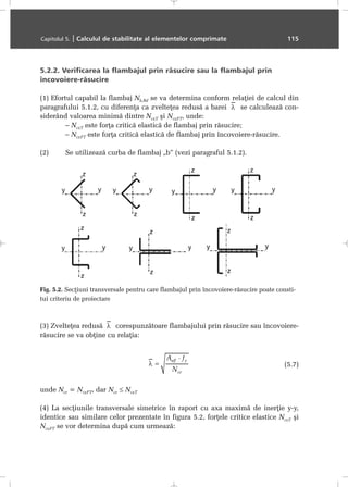 5.2.2. Verificarea la flambajul prin rãsucire sau la flambajul prin
încovoiere-rãsucire
(1) Efortul capabil la flambaj Nb,Rd se va determina conform relaþiei de calcul din
paragrafului 5.1.2, cu diferenþa ca zvelteþea redusã a barei se calculeazã con-
siderând valoarea minimã dintre Ncr,T ºi Ncr,FT, unde:
– Ncr,T este forþa criticã elasticã de flambaj prin rãsucire;
– Ncr,FT este forþa criticã elasticã de flambaj prin încovoiere-rãsucire.
(2) Se utilizeazã curba de flambaj „b” (vezi paragraful 5.1.2).
(3) Zvelteþea redusã corespunzãtoare flambajului prin rãsucire sau încovoiere-
rãsucire se va obþine cu relaþia:
(5.7)
unde Ncr = Ncr,FT, dar Ncr ≤ Ncr,T
(4) La secþiunile transversale simetrice în raport cu axa maximã de inerþie y-y,
identice sau similare celor prezentate în figura 5.2, forþele critice elastice Ncr,T ºi
Ncr,FT se vor determina dupã cum urmeazã:
Capitolul 5. | Calculul de stabilitate al elementelor comprimate 115
Fig. 5.2. Secþiuni transversale pentru care flambajul prin încovoiere-rãsucire poate consti-
tui criteriu de proiectare
 
