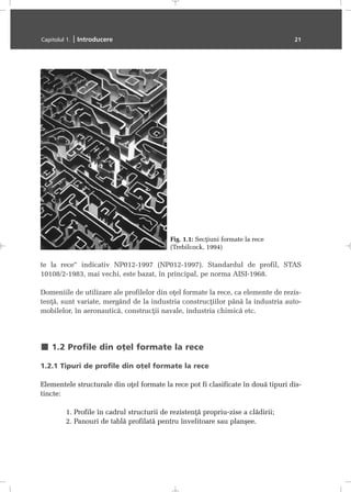 te la rece“ indicativ NP012-1997 (NP012-1997). Standardul de profil, STAS
10108/2-1983, mai vechi, este bazat, în principal, pe norma AISI-1968.
Domeniile de utilizare ale profilelor din oþel formate la rece, ca elemente de rezis-
tenþã, sunt variate, mergând de la industria construcþiilor pânã la industria auto-
mobilelor, în aeronauticã, construcþii navale, industria chimicã etc.
1.2 Profile din oþel formate la rece
1.2.1 Tipuri de profile din oþel formate la rece
Elementele structurale din oþel formate la rece pot fi clasificate în douã tipuri dis-
tincte:
1. Profile în cadrul structurii de rezistenþã propriu-zise a clãdirii;
2. Panouri de tablã profilatã pentru învelitoare sau planºee.
Capitolul 1. | Introducere 21
Fig. 1.1: Secþiuni formate la rece
(Trebilcock, 1994)
 