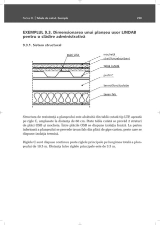 EXEMPLUL 9.3. Dimensionarea unui planºeu uºor LINDAB
pentru o clãdire administrativã
9.3.1. Sistem structural
Structura de rezistenþã a planºeului este alcãtuitã din tablã cutatã tip LTP, aºezatã
pe rigle C, amplasate la distanþa de 60 cm. Peste tabla cutatã se prevãd 2 straturi
de plãci OSB ºi mocheta. Între plãcile OSB se dispune izolaþia fonicã. La partea
inferioarã a planºeului se prevede tavan fals din plãci de gips-carton, peste care se
dispune izolaþia termicã.
Riglele C sunt dispuse continuu peste riglele principale pe lungimea totalã a plan-
ºeului de 10.5 m. Distanþa între riglele principale este de 3.5 m.
Partea III. | Tabele de calcul. Exemple 250
 