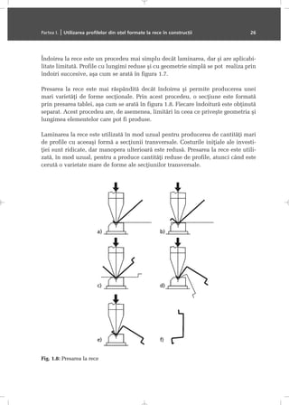 Îndoirea la rece este un procedeu mai simplu decât laminarea, dar ºi are aplicabi-
litate limitatã. Profile cu lungimi reduse ºi cu geometrie simplã se pot realiza prin
îndoiri succesive, aºa cum se aratã în figura 1.7.
Presarea la rece este mai rãspânditã decât îndoirea ºi permite producerea unei
mari varietãþi de forme secþionale. Prin acest procedeu, o secþiune este formatã
prin presarea tablei, aºa cum se aratã în figura 1.8. Fiecare îndoiturã este obþinutã
separat. Acest procedeu are, de asemenea, limitãri în ceea ce priveºte geometria ºi
lungimea elementelor care pot fi produse.
Laminarea la rece este utilizatã în mod uzual pentru producerea de cantitãþi mari
de profile cu aceeaºi formã a secþiunii transversale. Costurile iniþiale ale investi-
þiei sunt ridicate, dar manopera ulterioarã este redusã. Presarea la rece este utili-
zatã, în mod uzual, pentru a produce cantitãþi reduse de profile, atunci când este
cerutã o varietate mare de forme ale secþiunilor transversale.
Partea I. | Utilizarea profilelor din oþel formate la rece în construcþii 26
Fig. 1.8: Presarea la rece
 