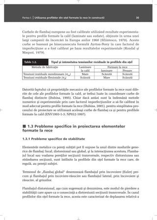 Curbele de flambaj europene au fost calibrate utilizând rezultate experimenta-
le pentru profile formate la cald (laminate sau sudate), obþinute în urma unei
largi campanii de încercãri în Europa anilor 1960 (Sfiintesco, 1970). Aceste
curbe se bazeazã pe binecunoscuta formulã Ayrton-Perry în care factorul de
imperfecþiune α a fost calibrat pe baza rezultatelor experimentale (Rondal ºi
Maquoi, 1979).
Table 1.2. Tipul ºi intensitatea tensiunilor reziduale în profilele din oþel
Metoda de fabricaþie Laminare Formare la rece
la cald laminare Presare
Tensiuni reziduale membranare (σrm) Mare Scãzutã Scãzutã
Tensiuni reziduale flexionale (σrf) Scãzutã Mare Scãzutã
Datoritã faptului cã proprietãþile mecanice ale profilelor formate la rece sunt dife-
rite de cele ale profilelor formate la cald, ar trebui luate în considerare curbe de
flambaj distincte (Dubina, 1995). Chiar dacã astãzi sunt la îndemânã metode
numerice ºi experimentale prin care factorul imperfecþiunilor α sã fie calibrat în
mod adecvat pentru profile formate la rece (Dubina, 2001), pentru simplitatea pro-
cesului de proiectare se utilizeazã aceleaºi curbe de flambaj ca ºi pentru profilele
formate la cald (ENV1993-1-3; NP012-1997).
1.3 Probleme specifice în proiectarea elementelor
formate la rece
1.3.1 Probleme specifice de stabilitate
Elementele metalice cu pereþi subþiri pot fi supuse la unul dintre modurile gene-
rice de flambaj: local, distorsional sau global, ºi la interacþiunea acestora. Flamba-
jul local sau voalarea pereþilor secþiunii transversale, respectiv distorsiunea sau
strâmbarea secþiunii, sunt întîlnite la profilele din oþel formate la rece care, de
regulã, au pereþii subþiri.
Termenul de „flambaj global“ desemneazã flambajul prin încovoiere (Euler) pre-
cum ºi flambajul prin încoviere-rãsucire sau flambajul lateral, prin încovoiere ºi
rãsucire, al grinzilor.
Flambajul distorsional, aºa cum sugereazã ºi denumirea, este modul de pierdere a
stabilitãþii care apare ca o consecinþã a distorsiunii secþiunii transversale. În cazul
profilelor din oþel formate la rece, acesta este caracterizat de deplasarea relativã a
Partea I. | Utilizarea profilelor din oþel formate la rece în construcþii 30
 