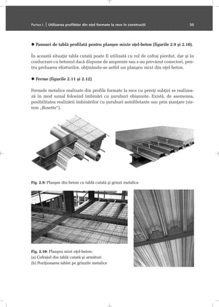 Panouri de tablã profilatã pentru planºee mixte oþel-beton (figurile 2.9 ºi 2.10).
În aceastã situaþie tabla cutatã poate fi utilizatã cu rol de cofraj pierdut, dar ºi în
conlucrare cu betonul dacã dispune de amprente sau s-au prevãzut conectori, pen-
tru preluarea eforturilor, obþinându-se astfel un planºeu mixt din oþel-beton.
Ferme (figurile 2.11 ºi 2.12)
Fermele metalice realizate din profile formate la rece cu pereþi subþiri se realizea-
zã în mod uzual folosind îmbinãri cu ºuruburi obiºnuite. Existã, de asemenea,
posibilitatea realizãrii îmbinãrilor cu ºuruburi autofiletante sau prin ºtanþare (sis-
tem „Rosette“).
Partea I. | Utilizarea profilelor din oþel formate la rece în construcþii 50
Fig. 2.10: Planºeu mixt oþel-beton:
(a) Cofrajul din tablã cutatã ºi armãturi
(b) Poziþionarea tablei pe grinzile metalice
Fig. 2.9: Planºee din beton cu tablã cutatã ºi grinzi metalice
 