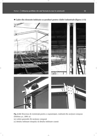 Cadre din elemente îmbinate cu ºuruburi pentru clãdiri industriale (figura 2.13)
Partea I. | Utilizarea profilelor din oþel formate la rece în construcþii 52
Fig. 2.13: Structura de rezistenþã pentru o supraetajare, realizatã din secþiuni compuse
(Dubina º.a., 2001 a):
(a) vedere generalã; (b) secþiune compusã
(c) detaliu îmbinare steaºinã; d) detaliu îmbinare coamã
 