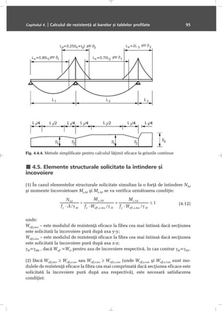 4.5. Elemente structurale solicitate la întindere ºi
încovoiere
(1) În cazul elementelor structurale solicitate simultan la o forþã de întindere NSd
ºi momente încovoietoare My,Sd ºi Mz,Sd se va verifica urmãtoarea condiþie:
(4.12)
unde:
Weff,y,ten – este modulul de rezistenþã eficace la fibra cea mai întinsã dacã secþiunea
este solicitatã la încovoiere purã dupã axa y-y;
Weff,z,ten – este modulul de rezistenþã eficace la fibra cea mai întinsã dacã secþiunea
este solicitatã la încovoiere purã dupã axa z-z;
γM=γM0 , dacã Weff =Wel pentru axa de încovoiere respectivã, în caz contrar γM=γM1.
(2) Dacã Weff,y,ten ≥ Weff,y,com sau Weff,z,ten ≥ Weff,z,com (unde Weff,y,com ºi Weff,z,com sunt mo-
dulele de rezistenþã eficace la fibra cea mai comprimatã dacã secþiunea eficace este
solicitatã la încovoiere purã dupã axa respectivã), este necesarã satisfacerea
condiþiei:
Capitolul 4. | Calculul de rezistenþã al barelor ºi tablelor profilate 95
Fig. 4.4.4. Metode simplificate pentru calculul lãþimii eficace la grinzile continue
 