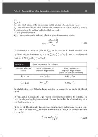 cu:
γM1 = 1.1;
fbv – este efort unitar critic de forfecare dat în tabelul 4.1, funcþie de ;
hw – este înãlþimea inimii între punctele de intersecþie ale axelor tãlpilor ºi inimii;
φ – este unghiul de înclinare al inimii faþã de tãlpi;
t – este grosimea inimii.
Vpl,Rd – este rezistenþa la forfecare plasticã, ºi se determinã cu relaþia:
(4.21)
(2) Rezistenþa la forfecare plasticã Vpl,Rd se va verifica în cazul inimilor fãrã
rigidizãri longitudinale dacã , sau în cazul general
dacã .
Tabelul 4.1. Efortul unitar critic de forfecare
Zvelteþea relativã a Inima nerigidizatã în Inima rigidizatã în
inimii secþiunea de pe reazem secþiunea de pe reazem
(de ex. cu corniere de inimã)
În tabelul 4.1, sw este distanþa dintre punctele de intersecþie ale axelor tãlpilor ºi
inimii.
(3) Rigidizãrile în secþiunile de pe reazem (de exemplu cornierele de pe inimã) au
rolul de a împiedica deplanarea inimii. Ele vor fi calculate la valoarea integralã a
reacþiunii reazemului.
(4) La pereþii fãrã rigidizãri intermediare longitudinale, valoarea de calcul a efor-
tului unitar de forfecare fbv se obþine din tabelul 4.1, funcþie de zvelteþea relativã
, unde:
(4.22a)
Partea II. | Recomandãri de calcul ºi proiectare a elementelor structurale 98
 
