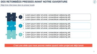 DES RETOMBÉES PRESSES AVANT NOTRE OUVERTURE
Déjà trois interviews dans la presse locale
• Lorem ipsum dolor sit amet, consectetuer adipiscing elit.
• Lorem ipsum dolor sit amet, consectetuer adipiscing elit.
• Lorem ipsum dolor sit amet, consectetuer adipiscing elit.
• Lorem ipsum dolor sit amet, consectetuer adipiscing elit.
• Lorem ipsum dolor sit amet, consectetuer adipiscing elit.
• Lorem ipsum dolor sit amet, consectetuer adipiscing elit.
• Lorem ipsum dolor sit amet, consectetuer adipiscing elit.
• Lorem ipsum dolor sit amet, consectetuer adipiscing elit.
• Lorem ipsum dolor sit amet, consectetuer adipiscing elit.
1
2
3
C’est une slide que vous pouvez mettre quand votre projet est déjà lancé
13
 