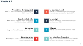 1
2
3
5
6
7
Présentation de notre projet
Page 9: L’unique escape game pour les enfants de
5 à 12 ans sur Paris
Les résultats à date
Page 17: Nous avons déjà réalisé une étude de
marché et investi plus de 20 000€
Le marché
Page 24: Plus de 890 escape games en France
Le business model
Page 46: Un modèle économique qui a fait ses
preuves avec un taux de valeur ajoutée à 41%
La stratégie
Page 55: Nous avons comme prévision d’ouvrir 2
franchises avant 2025
L’équipe
Page 59: Une équipe experte en escape game
SOMMAIRE
4
La concurrence
Page 36: Nous avons un concurrent direct qui est
en déclin et deux indirects
8
Les prévisions financières
Page 63: Une capacité d’autofinancement de 115K€
permettant de rembourser l’emprunt en 5 ans
2
 