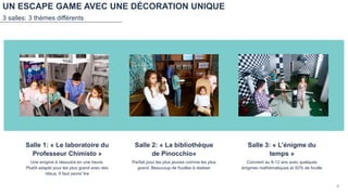 UN ESCAPE GAME AVEC UNE DÉCORATION UNIQUE
3 salles: 3 thèmes différents
Salle 1: « Le laboratoire du
Professeur Chimisto »
Une enigme à résoudre en une heure.
Plutôt adapté pour les plus grand avec des
rébus. Il faut savoir lire
Salle 2: « La bibliothèque
de Pinocchio»
Parfait pour les plus jeunes comme les plus
grand. Beaucoup de fouilles à réaliser
Salle 3: « L’énigme du
temps »
Convient au 8-12 ans avec quelques
énigmes mathématiques et 50% de fouille
6
 
