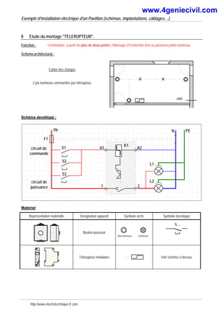 Exemple d'installation électrique d'un Pavillon (schémas, implantations, câblages,...)
8 Etude du montage "TELERUPTEUR".
Fonction : Commander, à partir de plus de deux points, l'allumage et l'extinction d'un ou plusieurs points lumineux.
Schéma architectural :
Cahier des charges.
2 pts lumineux commandés par télérupteur.
230V
Schéma devellopé :
Ph N
F1
PE
L2
S1
S2
S3
A1 A2
1 2
circuit de
commande
circuit de
puissance
K1
L1
Matériel
Représentation matérielle Désignation appareil Symbole archi. Symbole developpé
Bouton-poussoir
Lumineux
Non lumineux
S....
A1
A2
1
2
A1
A2
1
2 Télérupteur modulaire Voir schéma ci-dessus
http://www.electrotechnique-fr.com
www.4geniecivil.com
 
