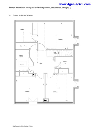 Exemple d'installation électrique d'un Pavillon (schémas, implantations, câblages,...)
14.4 Schéma architectural de l'étage.
CHAMBRE 3
CHAMBRE 4
TOILETTES
W.C.
GRENIER
CHAMBRE 5
PENDERIE
PALIER
PL
PL
PL
Velux 55x98
PL
T
TV
CABINET DE
http://www.electrotechnique-fr.com
www.4geniecivil.com
 