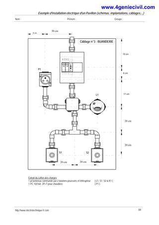 Exemple d'installation électrique d'un Pavillon (schémas, implantations, câblages,...)
Nom : Prénom : Groupe :
L1
P
N
F1
P
N
F2
20A 10A
9 cm 14 cm
http://www.electrotechnique-fr.com 33
15 cm
6 cm
17 cm
15 cm
12 cm
a b
1
2
230V
0
1
S2
S1
30 cm
Câblage n°3 : BUANDERIE
P1 K1
L1
20 cm
20 cm
12 cm 12 cm
20 cm
20 cm
Extrait du cahier des charges
1 pt lumineux commandé par 2 boutons-poussoirs et télérupteur ( L1, S1, S2 & K1 )
1 PC 10/16A 2P+T pour chaudière ( P1 )
www.4geniecivil.com
 