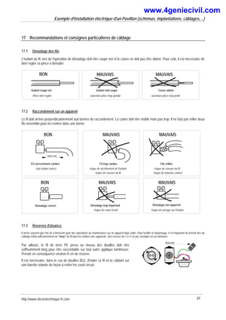 Exemple d'installation électrique d'un Pavillon (schémas, implantations, câblages,...)
17 Recommandations et consignes particulières de câblage
17.1 Dénudage des fils
L'isolant du fil, lors de l'opération de dénudage doit être coupé net et le cuivre ne doit pas être abimé. Pour cela, il est necessaire de
bien regler sa pince à dénuder.
BON MAUVAIS MAUVAIS
Isolant coupé net
Pince bien reglée
Isolant mal coupé
ouverture pince trop grande
Cuivre abimé
ouverture pince trop petite
17.2 Raccordement sur un appareil
Le fil doit arriver perpendiculairement aux bornes de raccordement. Le cuivre doit être visible mais pas trop. Il ne faut pas vriller deux
fils ensemble pour les rentrer dans une borne.
Fil correctement cambré
état isolant correct
Dénudage trop important
risque de court-circuit
5mm min.
BON
MAUVAIS
BON
Fil trop cambré
risque de déchirement de l'isolant
MAUVAIS
Dénudage correct
risque de cassure du fil
Dénudage non apparent
risque de serrage sur l'isolant
MAUVAIS
Fils vrillés
MAUVAIS
risque de cassure du fil
risque de mauvais contact
17.3 Reserves d'aisance.
Il arrive souvent que l'on ait à intervenir pour des opérations de maintenance sur un appareil déjà cablé. Pour faciliter le dépannage, il est important de prévoir lors du
câblage initial suffisammment de "mou" de fil dans les boitiers des appareils. Une réserve de 3 à 4 cm par exemple est un minimum.
Par ailleurs, le fil de terre PE prevu au niveau des douilles doit être
suffisamment long pour être raccordable sur tout autre applique lumineuse.
Prévoir en conséquence environ 8 cm de réserve.
Il est nécéssaire, dans le cas de douilles B22, d'isoler ce fil en le câblant sur
une barette volante de façon à eviter les court-circuit.
Barrette
http://www.electrotechnique-fr.com 37
www.4geniecivil.com
 