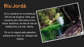 Riu Jordà
El riu Jordà és un riu estret de
320 km de longitud total, que
ocupa la part més baixa d’una
fossa tectònica. Va des dl mar de
Galilea fins a la mar Morta.
És un riu sagrat pels palestins,
perquè és un lloc on bategen els
infants.
 