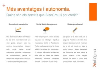 +
Més avantatges i autonomia.
Consultoria estratègica
Una eficient consultoria estratègica
ha de tenir necessariament una
visió global, alineant totes les
accions comunicatives (disseny
web, social media, e-mail
màrqueting, publicitat i campanyes
de posicionament), perquè no
sempre és Google l'única solució:
a la xarxa l'estratègia ho és tot.
Social Media Management
Tota campanya en xarxes socials
requereix una estratègia i objectius
mesurables. No tot és Facebook i
Twitter, cada xarxa social té el seu
públic i les eines són nombroses.
El Inbound Màrqueting es basa en
estar allà on parlen els clients
potencials, mantenir converses
amb ells i coneixem aquest camp.
Disseny multicanal
Del paper a la plana web; de la
page de Facebook al mòbil. Ens
ocupem de dissenyar els materials
per a tots els canals on sigui la
vostra marca, i estem capacitats
per comunicar els seus valors al
públic objectiu, d’una manera
eficient, en temps i forma, amb
pressupostos 100% competitus.
Quins són els serveis que SisèGrau li pot oferir?
 