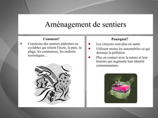 Aménagement de sentiers Comment? Construire des sentiers pédestres ou cyclables qui relient l'école, le parc, la plage, les commerces, les endroits touristiques… Pourquoi? Les citoyens sont plus en santé.  Utilisent moins les automobiles ce qui diminue la pollution.  Plus en contact avec la nature et leur histoire qui augmente leur identité communautaire.   