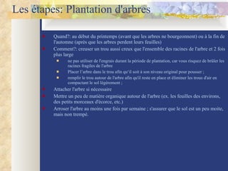 Les étapes: Plantation d'arbres  Quand?: au début du printemps (avant que les arbres ne bourgeonnent) ou à la fin de l'automne (après que les arbres perdent leurs feuilles) Comment?: creuser un trou aussi creux que l'ensemble des racines de l'arbre et 2 fois plus large  ne pas utiliser de l'engrais durant la période de plantation, car vous risquez de brûler les racines fragiles de l'arbre  Placer l’arbre dans le trou afin qu‘il soit à son niveau original pour pousser ;  remplir le trou autour de l'arbre afin qu'il reste en place et éliminer les trous d'air en compactant le sol légèrement ;  Attacher l'arbre si nécessaire  Mettre un peu de matière organique autour de l'arbre (ex. les feuilles des environs, des petits morceaux d'écorce, etc.) Arroser l'arbre au moins une fois par semaine ; s'assurer que le sol est un peu moite, mais non trempé.  
