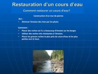 Restauration d’un cours d’eau   Comment restaurer un cours d'eau?   Construction d'un mur de pierres   But :  Diminue l'érosion des rives par les pluies  Comment :  Placer des roches où il y a beaucoup d'érosion sur les berges Utiliser des roches très résistantes à l'érosion. Placer les grosses roches le plus près du cours d’eau et les plus petites vers le haut.  