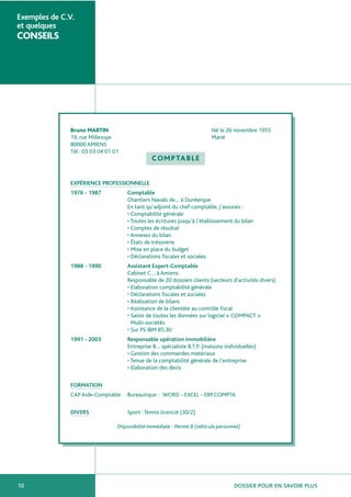 DOSSIER POUR EN SAVOIR PLUS10
Exemples de C.V.
et quelques
CONSEILS
Bruno MARTIN Né le 26 novembre 1955
19, rue Millevoye Marié
80000 AMIENS
Tél : 03 03 04 01 01
EXPÉRIENCE PROFESSIONNELLE
1976 - 1987 Comptable
Chantiers Navals de… à Dunkerque
En tant qu’adjoint du chef comptable, j’assurais :
• Comptabilité générale
• Toutes les écritures jusqu’à l’établissement du bilan
• Comptes de résultat
• Annexes du bilan
• États de trésorerie
• Mise en place du budget
• Déclarations fiscales et sociales
1988 - 1990 Assistant Expert-Comptable
Cabinet C… à Amiens
Responsable de 20 dossiers clients (secteurs d’activités divers)
• Elaboration comptabilité générale
• Déclarations fiscales et sociales
• Réalisation de bilans
• Assistance de la clientèle au contrôle fiscal
• Saisie de toutes les données sur logiciel « COMPACT »
Multi-sociétés
• Sur PS IBM 85.30
1991 - 2003 Responsable opération immobilière
Entreprise B… spécialiste B.T.P. (maisons individuelles)
• Gestion des commandes matériaux
• Tenue de la comptabilité générale de l’entreprise
• Elaboration des devis
FORMATION
CAP Aide-Comptable Bureautique : WORD - EXCEL - EBP.COMPTA
DIVERS Sport :Tennis licencié (30/2)
Disponibilité immédiate - Permis B (véhicule personnel)
COMPTABLE
 