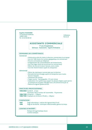 EXEMPLES DE C.V. ET QUELQUES CONSEILS 29
Sophie DURAND
15, boulevard Faidherbe Célibataire
14000 CAEN Permis B
Tél : 02 02 00 00 02
ASSISTANTE COMMERCIALE
17 ans d’expérience
Sérieuse - Autonome - Esprit d’initiative
DOMAINES DE COMPÉTENCES
Commercial
• Interlocutrice entre les clients, la direction commerciale et son équipe
• Suivi de 1000 clients d’un secteur géographique, de commerciaux
• Prise de commandes par téléphone
• Enregistrement des commandes/bons de livraison/avoirs
• Suivi des litiges clients (en accord avec les commerciaux)
• Édition des bons de livraison, factures, avoirs, traites
• Suivi des retards livraison auprès du transporteur
Administratif
• Édition des statistiques commerciales pour la direction
• Demande des bons émargés auprès du transporteur pour toutes
factures impayées
• Classement des archives
• Frappe courrier - Dactylographie : 35 mots minute
• Instauration d’un système pour assainir les dossiers litigieux ayant permis
à l’entreprise de récupérer 500 000 Francs (76 224,50 euros) par an
• Maîtrise du logiciel Système ALTOS
PARCOURS PROFESSIONNEL
1990/2003 Société R… à Caen
Fournisseur dans le secteur de l’automobile - 70 personnes
1986/1990 Entreprise L… à Bayeux
1980/1985 Employée aux écritures à l’Etude J… à Bayeux
FORMATION
1967 Stage informatique : maîtrise des logiciels Word, Excel
1996 Stage de Secrétariat : techniques rédactionnelles, gestion du temps
CENTRES D’INTÉRÊT
Pratique de la gymnastique douce
Cuisines exotiques
 