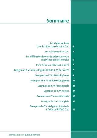 EXEMPLES DE C.V. ET QUELQUES CONSEILS
Les règles de base
pour la rédaction de votre C.V. 4
Les rubriques d’un C.V. 5
Les différentes façons de présenter votre
expérience professionnelle 6
L’art d’être un débutant motivé 7
Rédiger un C.V. avec le logiciel REDAC C.V. de l’ANPE 7
Exemples de C.V. chronologiques 9
Exemples de C.V. antichronologiques 15
Exemples de C.V. fonctionnels 21
Exemples de C.V. mixtes 27
Exemples de C.V. de débutants 33
Exemple de C.V. en anglais 39
Exemples de C.V. rédigés et imprimés
à l’aide de REDAC C.V. 41
3
Sommaire
 