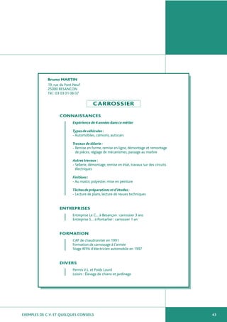 EXEMPLES DE C.V. ET QUELQUES CONSEILS 43
Bruno MARTIN
19, rue du Pont Neuf
25000 BESANCON
Tél : 03 03 01 06 07
CARROSSIER
CONNAISSANCES
Expérience de 4 années dans ce métier
Types de véhicules :
- Automobiles, camions, autocars
Travaux de tôlerie :
- Remise en forme, remise en ligne, démontage et remontage
de pièces, réglage de mécanismes, passage au marbre
Autres travaux :
- Sellerie, démontage, remise en état, travaux sur des circuits
électriques
Finitions :
- Au mastic polyester, mise en peinture
Tâches de préparations et d’études :
- Lecture de plans, lecture de revues techniques
ENTREPRISES
Entreprise Le C… à Besançon : carrossier 3 ans
Entreprise S… à Pontarlier : carrossier 1 an
FORMATION
CAP de chaudronnier en 1991
Formation de carrossage à l’armée
Stage AFPA d’électricien automobile en 1997
DIVERS
Permis V.L. et Poids Lourd
Loisirs : Élevage de chiens et jardinage
 