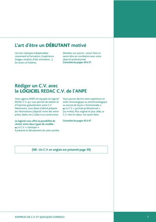 EXEMPLES DE C.V. ET QUELQUES CONSEILS 7
Les trois rubriques indispensables
concernent la formation, l’expérience
(stages, emplois d’été, animation…),
les loisirs et hobbies.
Détaillez vos savoirs : savoir-faire et
savoir-être en corrélation avec votre
objectif professionnel.
Consultez les pages 34 à 37.
L’art d’être un DÉBUTANT motivé
Votre agence ANPE est équipée du logiciel
REDAC C.V. qui vous permet de réaliser et
d’imprimer gratuitement votre C.V.
Néanmoins, vous devez d’abord préparer
les informations (objectif, noms des entre-
prises, dates, etc.) utiles à sa construction.
Le logiciel vous offre la possibilité de
choisir entre deux types de modèle :
■ Le C.V. « classique ».
Il présente le déroulement de votre carrière.
Vous pouvez décrire votre expérience en
ordre chronologique ou antichronologique
ou encore de façon « fonctionnelle ».
■ Le C.V. « portrait professionnel »
(ou mixte). Plus original et plus ciblé, ce
C.V. met en valeur vos savoir-faire.
Consultez les pages 42 à 47.
(NB : Un C.V. en anglais est présenté page 39)
Rédiger un C.V. avec
le LOGICIEL REDAC C.V. de l’ANPE
 
