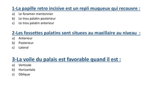 1-La papille retro incisive est un repli muqueux qui recouvre :
a) Le foramen mentonnier
b) Le trou palatin posterieur
c) Le trou palatin anterieur
2-Les fossettes palatins sont situees au maxillaire au niveau :
a) Anterieur
b) Posterieur
c) Lateral
3-La voile du palais est favorable quand il est :
a) Verticale
b) Horizantale
c) Oblique
 
