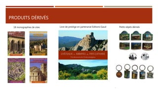 PRODUITS DÉRIVÉS
Livre de prestige en partenariat Editions Gaud18 monographies de sites Petits objets dérivés
 