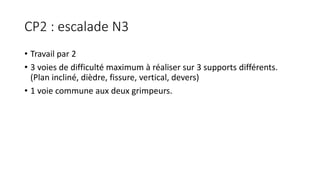 CP2 : escalade N3
• Travail par 2
• 3 voies de difficulté maximum à réaliser sur 3 supports différents.
(Plan incliné, dièdre, fissure, vertical, devers)
• 1 voie commune aux deux grimpeurs.
 