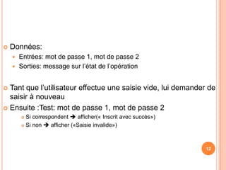 Données:Entrées: mot de passe 1, mot de passe 2Sorties: message sur l’état de l’opérationTant que l’utilisateur effectue une saisie vide, lui demander de saisir à nouveauEnsuite :Test: mot de passe 1, mot de passe 2Si correspondent  afficher(« Inscrit avec succès»)Si non  afficher («Saisie invalide»)12