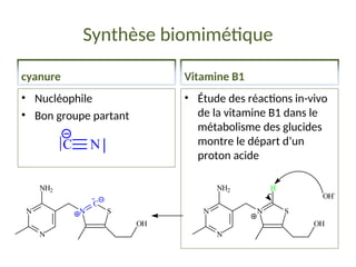 Synthèse biomimétique
cyanure
• Nucléophile
• Bon groupe partant
Vitamine B1
• Étude des réactions in-vivo
de la vitamine B1 dans le
métabolisme des glucides
montre le départ d’un
proton acide
C N
N
N
N S
NH2 H
OH
OH-
N
N
N
C
S
NH2
OH
 