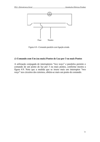 PEA - Eletrotécnica Geral Instalações Elétricas Prediais
Fase Neutro
Figura 4.8 - Comando paralelo com ligação errada
d) Comando com Um (ou mais) Pontos de Luz por 3 ou mais Pontos
A utilização conjugada de interruptores “two ways” e paralelos permite o
comando de um ponto de luz por 3 ou mais pontos, conforme mostra a
figura 4.9. Note que a medida que se insere mais um interruptor “two
ways” nos circuitos dos retornos, obtém-se mais um ponto de comando.
31
 