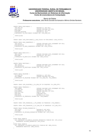 UNIVERSIDADE FEDERAL RURAL DE PERNAMBUCO
                             UNIVERSIDADE ABERTA DO BRASIL
                       Curso de Bacharelado em Sistemas de Informação
                            Curso de Licenciatura em Computação

                                            Banco de Dados
             Professores executores: João Murilo Dourado de Azevedo e Mônica Simões Bandeira
     _________________________________________________________________
CREATE TABLE FUNCIONARIO (
   FUN_NUM_CPF                    VARCHAR(11) NOT NULL
  ,AGE_CODIGO                     INTEGER UNSIGNED NOT NULL
  ,FUN_NOME                       VARCHAR(50) NOT NULL
  ,FUN_NUM_TELEFONE               VARCHAR(20) NULL
  ,CONSTRAINT PK_FUNCIONARIO PRIMARY KEY (FUN_NUM_CPF)
)
   TYPE=InnoDB
;

CREATE INDEX IXFK_FUNCIONARIO_1_AGE_CODIGO ON FUNCIONARIO (AGE_CODIGO);

CREATE TABLE GRAU_PARENTESCO (
   GPA_CODIGO                     INTEGER UNSIGNED AUTO_INCREMENT NOT NULL
  ,GPA_DESCRICAO                  VARCHAR(40) NOT NULL
  ,CONSTRAINT PK_GRAU_PARENTESCO PRIMARY KEY (GPA_CODIGO)
)
   TYPE=InnoDB
;

CREATE TABLE MUNICIPIO (
   MUN_CODIGO                     INTEGER UNSIGNED AUTO_INCREMENT NOT NULL
  ,MUN_NOME                       VARCHAR(40) NOT NULL
  ,CONSTRAINT PK_MUNICIPIO PRIMARY KEY (MUN_CODIGO)
)
   TYPE=InnoDB
;

CREATE TABLE PROFISSAO (
   PRO_CODIGO                     INTEGER UNSIGNED AUTO_INCREMENT NOT NULL
  ,PRO_DESCRICAO                  VARCHAR(50) NOT NULL
  ,CONSTRAINT PK_PROFISSAO PRIMARY KEY (PRO_CODIGO)
)
   TYPE=InnoDB
;

CREATE TABLE TELEFONE (
   CLI_NUM_CPF                    VARCHAR(11) NOT NULL
  ,TEL_NUMERO                     INTEGER UNSIGNED NOT NULL
  ,CONSTRAINT PK_TELEFONE PRIMARY KEY (CLI_NUM_CPF, TEL_NUMERO)
)
   TYPE=InnoDB
;

CREATE INDEX IXFK_TELEFONE_1_CLI_NUM_CPF ON TELEFONE (CLI_NUM_CPF);

CREATE TABLE TRANSACAO (
   TRN_NUMERO                     INTEGER UNSIGNED AUTO_INCREMENT NOT NULL
  ,CLI_NUM_CPF                    VARCHAR(11) NOT NULL
  ,CTA_NUMERO                     INTEGER UNSIGNED NOT NULL
  ,TRN_COD_TIPO                   CHAR(1) NULL
  ,TRN_DATA                       TIMESTAMP NULL
  ,TRN_VALOR                      DECIMAL(12,2) NULL
  ,CONSTRAINT PK_TRANSACAO PRIMARY KEY (TRN_NUMERO)
)
   TYPE=InnoDB
;

CREATE INDEX IXFK_TRANSACAO_1_CTA_NUMERO ON TRANSACAO (CTA_NUMERO);

CREATE INDEX IXFK_TRANSACAO_2_CLI_NUM_CPF ON TRANSACAO (CLI_NUM_CPF);

CREATE TABLE UNIDADE_FEDERATIVA (
   UFD_SIGLA                      VARCHAR(2) NOT NULL
  ,UFD_NOME                       VARCHAR(40) NOT NULL
  ,CONSTRAINT PK_UNIDADE_FEDERATIVA PRIMARY KEY (UFD_SIGLA)
)
   TYPE=InnoDB
;

ALTER TABLE AGENCIA
  ADD CONSTRAINT FK_AGENCIA_UNIDADE_FEDERATIVA FOREIGN KEY (UFD_SIGLA)
    REFERENCES UNIDADE_FEDERATIVA (UFD_SIGLA)
;
ALTER TABLE AGENCIA
  ADD CONSTRAINT FK_AGENCIA_MUNICIPIO FOREIGN KEY (MUN_CODIGO)
    REFERENCES MUNICIPIO (MUN_CODIGO)
;

                                                                                               11
 