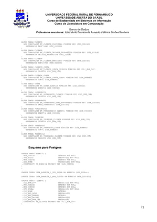 UNIVERSIDADE FEDERAL RURAL DE PERNAMBUCO
                             UNIVERSIDADE ABERTA DO BRASIL
                       Curso de Bacharelado em Sistemas de Informação
                            Curso de Licenciatura em Computação

                                            Banco de Dados
             Professores executores: João Murilo Dourado de Azevedo e Mônica Simões Bandeira
     _________________________________________________________________
ALTER TABLE CLIENTE
  ADD CONSTRAINT FK_CLIENTE_PROFISSAO FOREIGN KEY (PRO_CODIGO)
    REFERENCES PROFISSAO (PRO_CODIGO)
;
ALTER TABLE CLIENTE
  ADD CONSTRAINT FK_CLIENTE_UNIDADE_FEDERATIVA FOREIGN KEY (UFD_SIGLA)
    REFERENCES UNIDADE_FEDERATIVA (UFD_SIGLA)
;
ALTER TABLE CLIENTE
  ADD CONSTRAINT FK_CLIENTE_MUNICIPIO FOREIGN KEY (MUN_CODIGO)
    REFERENCES MUNICIPIO (MUN_CODIGO)
;
ALTER TABLE CLIENTE_CONTA
  ADD CONSTRAINT FK_CLIENTE_CONTA_CLIENTE FOREIGN KEY (CLI_NUM_CPF)
    REFERENCES CLIENTE (CLI_NUM_CPF)
;
ALTER TABLE CLIENTE_CONTA
  ADD CONSTRAINT FK_CLIENTE_CONTA_CONTA FOREIGN KEY (CTA_NUMERO)
    REFERENCES CONTA (CTA_NUMERO)
;
ALTER TABLE CONTA
  ADD CONSTRAINT FK_CONTA_AGENCIA FOREIGN KEY (AGE_CODIGO)
    REFERENCES AGENCIA (AGE_CODIGO)
;
ALTER TABLE DEPENDENTE
  ADD CONSTRAINT FK_DEPENDENTE_CLIENTE FOREIGN KEY (CLI_NUM_CPF)
    REFERENCES CLIENTE (CLI_NUM_CPF)
;
ALTER TABLE DEPENDENTE
  ADD CONSTRAINT FK_DEPENDENTE_GRAU_PARENTESCO FOREIGN KEY (GPA_CODIGO)
    REFERENCES GRAU_PARENTESCO (GPA_CODIGO)
;
ALTER TABLE FUNCIONARIO
  ADD CONSTRAINT FK_FUNCIONARIO_AGENCIA FOREIGN KEY (AGE_CODIGO)
    REFERENCES AGENCIA (AGE_CODIGO)
;
ALTER TABLE TELEFONE
  ADD CONSTRAINT FK_TELEFONE_CLIENTE FOREIGN KEY (CLI_NUM_CPF)
    REFERENCES CLIENTE (CLI_NUM_CPF)
;
ALTER TABLE TRANSACAO
  ADD CONSTRAINT FK_TRANSACAO_CONTA FOREIGN KEY (CTA_NUMERO)
    REFERENCES CONTA (CTA_NUMERO)
;
ALTER TABLE TRANSACAO
  ADD CONSTRAINT FK_TRANSACAO_CLIENTE FOREIGN KEY (CLI_NUM_CPF)
    REFERENCES CLIENTE (CLI_NUM_CPF)




      Esquema para Postgres
CREATE TABLE AGENCIA (
   AGE_CODIGO                     INTEGER NOT NULL
  ,UFD_SIGLA                      VARCHAR(2) NOT NULL
  ,MUN_CODIGO                     INTEGER NOT NULL
  ,AGE_NOME                       VARCHAR(50) NOT NULL
  ,CONSTRAINT PK_AGENCIA PRIMARY KEY (AGE_CODIGO)
)
;

CREATE INDEX IXFK_AGENCIA_1_UFD_SIGLA ON AGENCIA (UFD_SIGLA);

CREATE INDEX IXFK_AGENCIA_2_MUN_CODIGO ON AGENCIA (MUN_CODIGO);

CREATE TABLE CLIENTE (
   CLI_NUM_CPF                    SERIAL(11) NOT NULL
  ,PRO_CODIGO                     INTEGER NOT NULL
  ,MUN_CODIGO                     INTEGER NOT NULL
  ,UFD_SIGLA                      VARCHAR(2) NOT NULL
  ,CLI_NOME                       INTEGER
  ,CLI_END_LOGR                   VARCHAR(50)
  ,CLI_END_NUMERO                 INTEGER
  ,CLI_END_BAIRRO                 VARCHAR(30)
  ,CLI_END_NUM_CEP                VARCHAR(8)
  ,CONSTRAINT PK_CLIENTE PRIMARY KEY (CLI_NUM_CPF)
)

                                                                                               12
 