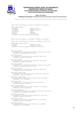 UNIVERSIDADE FEDERAL RURAL DE PERNAMBUCO
                             UNIVERSIDADE ABERTA DO BRASIL
                       Curso de Bacharelado em Sistemas de Informação
                            Curso de Licenciatura em Computação

                                            Banco de Dados
             Professores executores: João Murilo Dourado de Azevedo e Mônica Simões Bandeira
     _________________________________________________________________
)
;

CREATE INDEX IXFK_TELEFONE_1_CLI_NUM_CPF ON TELEFONE (CLI_NUM_CPF);

CREATE TABLE TRANSACAO (
   TRN_NUMERO                     SERIAL NOT NULL
  ,CLI_NUM_CPF                    VARCHAR(11) NOT NULL
  ,CTA_NUMERO                     INTEGER NOT NULL
  ,TRN_COD_TIPO                   CHAR(1)
  ,TRN_DATA                       TIMESTAMP
  ,TRN_VALOR                      DECIMAL(12,2)
  ,CONSTRAINT PK_TRANSACAO PRIMARY KEY (TRN_NUMERO)
)
;

CREATE INDEX IXFK_TRANSACAO_1_CTA_NUMERO ON TRANSACAO (CTA_NUMERO);

CREATE INDEX IXFK_TRANSACAO_2_CLI_NUM_CPF ON TRANSACAO (CLI_NUM_CPF);

CREATE TABLE UNIDADE_FEDERATIVA (
   UFD_SIGLA                      VARCHAR(2) NOT NULL
  ,UFD_NOME                       VARCHAR(40) NOT NULL
  ,CONSTRAINT PK_UNIDADE_FEDERATIVA PRIMARY KEY (UFD_SIGLA)
)
;

ALTER TABLE AGENCIA
  ADD CONSTRAINT FK_AGENCIA_UNIDADE_FEDERATIVA FOREIGN KEY (UFD_SIGLA)
    REFERENCES UNIDADE_FEDERATIVA (UFD_SIGLA)
;
ALTER TABLE AGENCIA
  ADD CONSTRAINT FK_AGENCIA_MUNICIPIO FOREIGN KEY (MUN_CODIGO)
    REFERENCES MUNICIPIO (MUN_CODIGO)
;
ALTER TABLE CLIENTE
  ADD CONSTRAINT FK_CLIENTE_PROFISSAO FOREIGN KEY (PRO_CODIGO)
    REFERENCES PROFISSAO (PRO_CODIGO)
;
ALTER TABLE CLIENTE
  ADD CONSTRAINT FK_CLIENTE_UNIDADE_FEDERATIVA FOREIGN KEY (UFD_SIGLA)
    REFERENCES UNIDADE_FEDERATIVA (UFD_SIGLA)
;
ALTER TABLE CLIENTE
  ADD CONSTRAINT FK_CLIENTE_MUNICIPIO FOREIGN KEY (MUN_CODIGO)
    REFERENCES MUNICIPIO (MUN_CODIGO)
;
ALTER TABLE CLIENTE_CONTA
  ADD CONSTRAINT FK_CLIENTE_CONTA_CLIENTE FOREIGN KEY (CLI_NUM_CPF)
    REFERENCES CLIENTE (CLI_NUM_CPF)
;
ALTER TABLE CLIENTE_CONTA
  ADD CONSTRAINT FK_CLIENTE_CONTA_CONTA FOREIGN KEY (CTA_NUMERO)
    REFERENCES CONTA (CTA_NUMERO)
;
ALTER TABLE CONTA
  ADD CONSTRAINT FK_CONTA_AGENCIA FOREIGN KEY (AGE_CODIGO)
    REFERENCES AGENCIA (AGE_CODIGO)
;
ALTER TABLE DEPENDENTE
  ADD CONSTRAINT FK_DEPENDENTE_CLIENTE FOREIGN KEY (CLI_NUM_CPF)
    REFERENCES CLIENTE (CLI_NUM_CPF)
;
ALTER TABLE DEPENDENTE
  ADD CONSTRAINT FK_DEPENDENTE_GRAU_PARENTESCO FOREIGN KEY (GPA_CODIGO)
    REFERENCES GRAU_PARENTESCO (GPA_CODIGO)
;
ALTER TABLE FUNCIONARIO
  ADD CONSTRAINT FK_FUNCIONARIO_AGENCIA FOREIGN KEY (AGE_CODIGO)
    REFERENCES AGENCIA (AGE_CODIGO)
;
ALTER TABLE TELEFONE
  ADD CONSTRAINT FK_TELEFONE_CLIENTE FOREIGN KEY (CLI_NUM_CPF)
    REFERENCES CLIENTE (CLI_NUM_CPF)
;
ALTER TABLE TRANSACAO
  ADD CONSTRAINT FK_TRANSACAO_CONTA FOREIGN KEY (CTA_NUMERO)
    REFERENCES CONTA (CTA_NUMERO)

                                                                                               14
 
