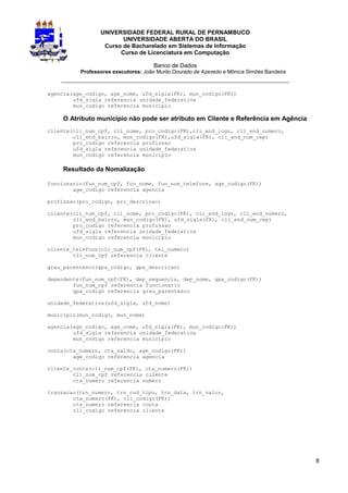 UNIVERSIDADE FEDERAL RURAL DE PERNAMBUCO
                        UNIVERSIDADE ABERTA DO BRASIL
                  Curso de Bacharelado em Sistemas de Informação
                       Curso de Licenciatura em Computação

                                      Banco de Dados
          Professores executores: João Murilo Dourado de Azevedo e Mônica Simões Bandeira
    _________________________________________________________________

agencia(age_codigo, age_nome, ufd_sigla(FK), mun_codigo(FK))
        ufd_sigla referencia unidade_federativa
        mun_codigo referencia município

    O Atributo município não pode ser atributo em Cliente e Referência em Agência
cliente(cli_num_cpf, cli_nome, pro_codigo(FK),cli_end_logr, cli_end_numero,
        cli_end_bairro, mun_codigo(FK),ufd_sigla(FK), cli_end_num_cep)
        pro_codigo referencia profissao
        ufd_sigla referencia unidade_federativa
        mun_codigo referencia municipio

    Resultado da Nomalização

funcionario(fun_num_cpf, fun_nome, fun_num_telefone, age_codigo(FK))
        age_codigo referencia agencia

profissao(pro_codigo, pro_descricao)

cliente(cli_num_cpf, cli_nome, pro_codigo(FK), cli_end_logr, cli_end_numero,
        cli_end_bairro, mun_codigo(FK), ufd_sigla(FK), cli_end_num_cep)
        pro_codigo referencia profissao
        ufd_sigla referencia unidade_federativa
        mun_codigo referencia municipio

cliente_telefone(cli_num_cpf(FK), tel_numero)
        cli_num_cpf referencia cliente

grau_parentesco(gpa_codigo, gpa_descricao)

dependente(fun_num_cpf(FK), dep_sequencia, dep_nome, gpa_codigo(FK))
        fun_num_cpf referencia funcionario
        gpa_codigo referencia grau_parentesco

unidade_federativa(ufd_sigla, ufd_nome)

municipio(mun_codigo, mun_nome)

agencia(age_codigo, age_nome, ufd_sigla(FK), mun_codigo(FK))
        ufd_sigla referencia unidade_federativa
        mun_codigo referencia município

conta(cta_numero, cta_saldo, age_codigo(FK))
        age_codigo referencia agencia

cliente_conta(cli_num_cpf(FK), cta_numero(FK))
        cli_num_cpf referencia cliente
        cta_numero referencia numero

transacao(trn_numero, trn_cod_tipo, trn_data, trn_valor,
        cta_numero(FK), cli_codigo(FK))
        cta_numero referencia conta
        cli_codigo referencia cliente




                                                                                            8
 