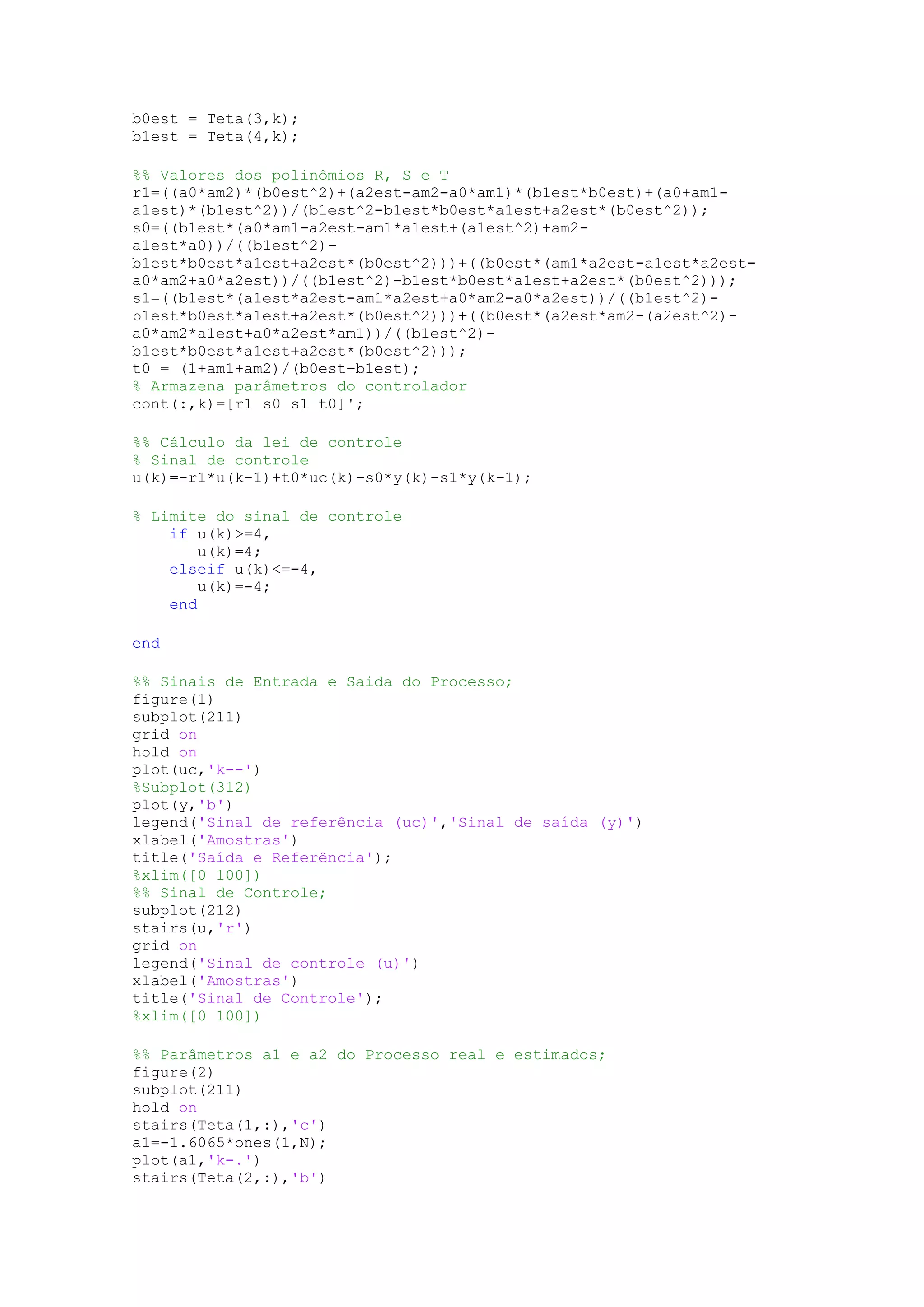 b0est = Teta(3,k);
b1est = Teta(4,k);
%% Valores dos polinômios R, S e T
r1=((a0*am2)*(b0est^2)+(a2est-am2-a0*am1)*(b1est*b0est)+(a0+am1-
a1est)*(b1est^2))/(b1est^2-b1est*b0est*a1est+a2est*(b0est^2));
s0=((b1est*(a0*am1-a2est-am1*a1est+(a1est^2)+am2-
a1est*a0))/((b1est^2)-
b1est*b0est*a1est+a2est*(b0est^2)))+((b0est*(am1*a2est-a1est*a2est-
a0*am2+a0*a2est))/((b1est^2)-b1est*b0est*a1est+a2est*(b0est^2)));
s1=((b1est*(a1est*a2est-am1*a2est+a0*am2-a0*a2est))/((b1est^2)-
b1est*b0est*a1est+a2est*(b0est^2)))+((b0est*(a2est*am2-(a2est^2)-
a0*am2*a1est+a0*a2est*am1))/((b1est^2)-
b1est*b0est*a1est+a2est*(b0est^2)));
t0 = (1+am1+am2)/(b0est+b1est);
% Armazena parâmetros do controlador
cont(:,k)=[r1 s0 s1 t0]';
%% Cálculo da lei de controle
% Sinal de controle
u(k)=-r1*u(k-1)+t0*uc(k)-s0*y(k)-s1*y(k-1);
% Limite do sinal de controle
if u(k)>=4,
u(k)=4;
elseif u(k)<=-4,
u(k)=-4;
end
end
%% Sinais de Entrada e Saida do Processo;
figure(1)
subplot(211)
grid on
hold on
plot(uc,'k--')
%Subplot(312)
plot(y,'b')
legend('Sinal de referência (uc)','Sinal de saída (y)')
xlabel('Amostras')
title('Saída e Referência');
%xlim([0 100])
%% Sinal de Controle;
subplot(212)
stairs(u,'r')
grid on
legend('Sinal de controle (u)')
xlabel('Amostras')
title('Sinal de Controle');
%xlim([0 100])
%% Parâmetros a1 e a2 do Processo real e estimados;
figure(2)
subplot(211)
hold on
stairs(Teta(1,:),'c')
a1=-1.6065*ones(1,N);
plot(a1,'k-.')
stairs(Teta(2,:),'b')
 