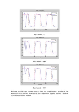 Para lambda = 1
Para lambda = 0.85
Para lambda = 0.65
Podemos perceber que, quanto menor o fator de esquecimento a pertubação do
transitório inicial diminui fazendo com que o sobressinal negativo diminua a medida
que o lambda diminui também.
 