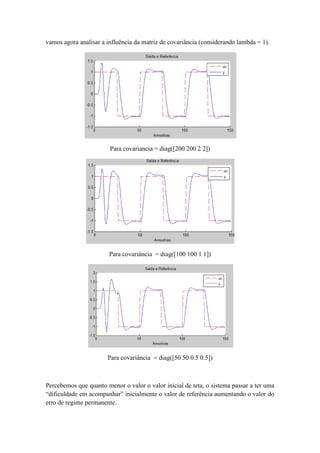 vamos agora analisar a influência da matriz de covariância (considerando lambda = 1).
Para covariancia = diag([200 200 2 2])
Para covariância = diag([100 100 1 1])
Para covariância = diag([50 50 0.5 0.5])
Percebemos que quanto menor o valor o valor inicial de teta, o sistema passar a ter uma
“dificuldade em acompanhar” inicialmente o valor de referência aumentando o valor do
erro de regime permanente.
 