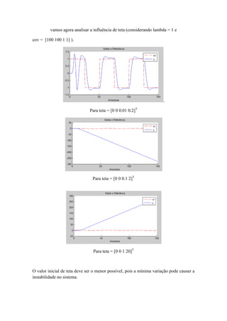 vamos agora analisar a influência de teta (considerando lambda = 1 e
cov = [100 100 1 1] ).
.
Para teta = [0 0 0.01 0.2]T
Para teta = [0 0 0.1 2]T
Para teta = [0 0 1 20]T
O valor inicial de teta deve ser o menor possível, pois a mínima variação pode causar a
instabilidade no sistema.
 