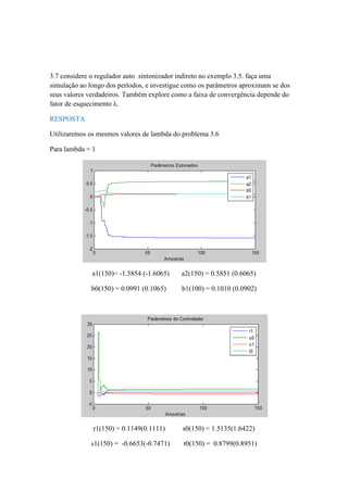 3.7 considere o regulador auto sintonizador indireto no exemplo 3.5. faça uma
simulação ao longo dos períodos, e investigue como os parâmetros aproximam se dos
seus valores verdadeiros. Também explore como a faixa de convergência depende do
fator de esquecimento λ.
RESPOSTA
Utilizaremos os mesmos valores de lambda do problema 3.6
Para lambda = 1
a1(150)= -1.5854 (-1.6065) a2(150) = 0.5851 (0.6065)
b0(150) = 0.0991 (0.1065) b1(100) = 0.1010 (0.0902)
r1(150) = 0.1149(0.1111) s0(150) = 1.5135(1.6422)
s1(150) = -0.6653(-0.7471) t0(150) = 0.8799(0.8951)
 