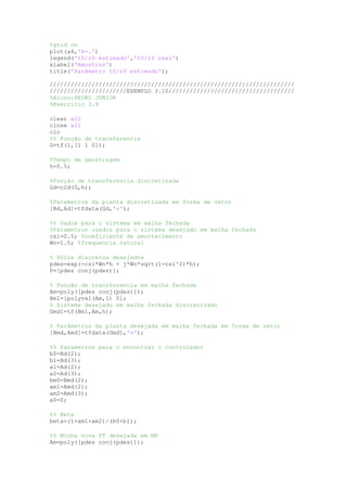 %grid on
plot(a4,'k-.')
legend('t0/r0 estimado','t0/r0 real')
xlabel('Amostras')
title('Parâmetro t0/r0 estimado');
//////////////////////////////////////////////////////////////////////
//////////////////////EXEMPLO 3.10////////////////////////////////////
%Aluno:PEDRO JUNIOR
%Exercício 3.9
clear all
close all
clc
%% Função de transferencia
G=tf(1,[1 1 0]);
%Tempo de amostragem
h=0.5;
%Função de transferencia discretizada
Gd=c2d(G,h);
%Parametros da planta discretizada em forma de vetor
[Bd,Ad]=tfdata(Gd,'v');
%% Dados para o sistema em malha fechada
%Parametros usados para o sistema desejado em malha fechada
csi=0.5; %coeficiente de amortecimento
Wn=1.5; %frequencia natural
% Pólos discretos desejados
pdes=exp(-csi*Wn*h + j*Wn*sqrt(1-csi^2)*h);
P=[pdes conj(pdes)];
% Função de transferencia em malha fechada
Am=poly([pdes conj(pdes)]);
Bm1=[polyval(Am,1) 0];
% Sistema desejado em malha fechada discretizado
Gmd1=tf(Bm1,Am,h);
% Parâmetros da planta desejada em malha fechada em forma de vetor
[Bmd,Amd]=tfdata(Gmd1,'v');
%% Parametros para o encontrar o controlador
b0=Bd(2);
b1=Bd(3);
a1=Ad(2);
a2=Ad(3);
bm0=Bmd(2);
am1=Amd(2);
am2=Amd(3);
a0=0;
%% Beta
beta=(1+am1+am2)/(b0+b1);
%% Minha nova FT desejada em MF
Am=poly([pdes conj(pdes)]);
 